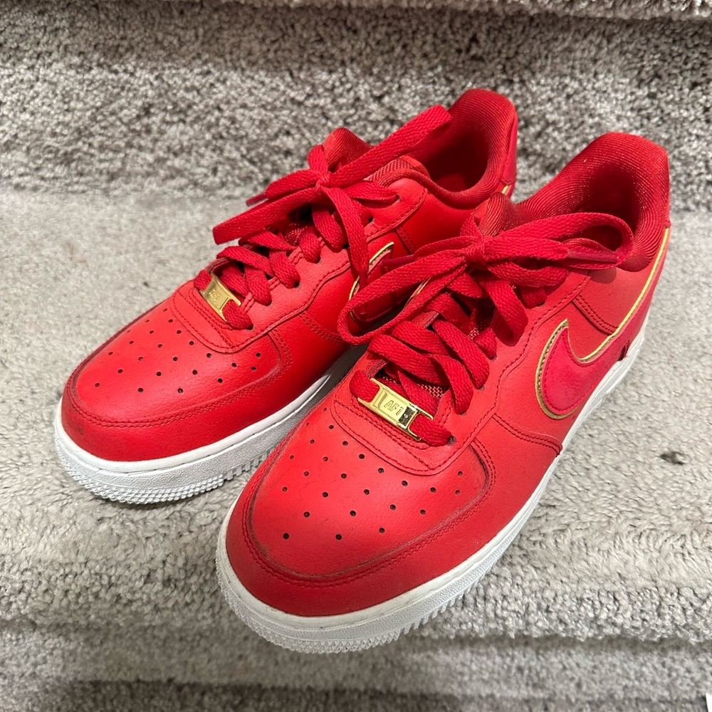 NIKE - Women’s Air Force 1 Low Red Gold Swoosh Sneaker, Size 8